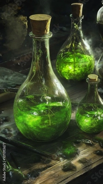 Obraz Mysterious green potion bottles on rustic wooden table