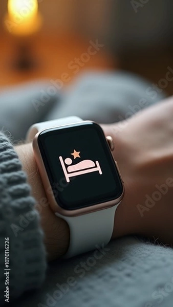 Fototapeta Smartwatch on hand showing bed icon, symbolizing sleep health, monitoring, and relaxation support for improved wellness.