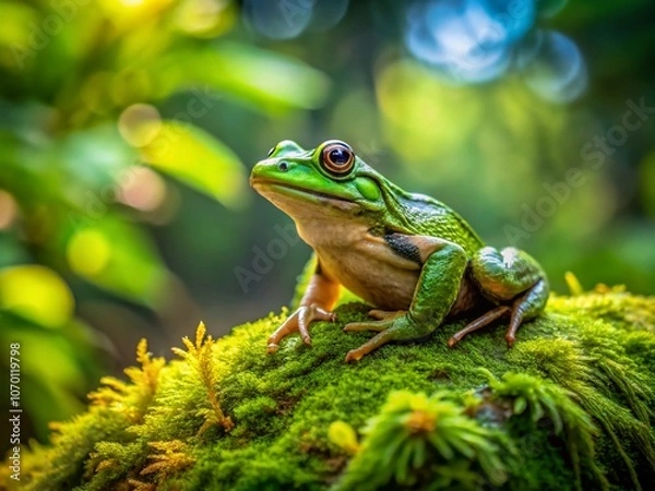 Fototapeta Captivating Close-Up of a Vibrant Green Frog in its Natural Habitat with Lush Greenery and Copy Space for Text Overlay