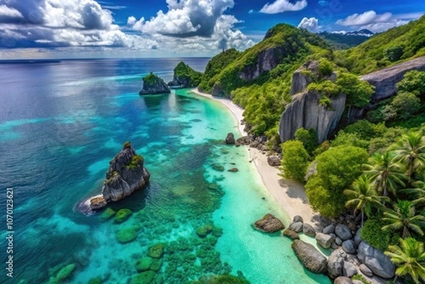 Fototapeta Aerial View of Exotic Beach with Turquoise Waters and Unique Rock Formations, Ideal for Travel and Nature Photography