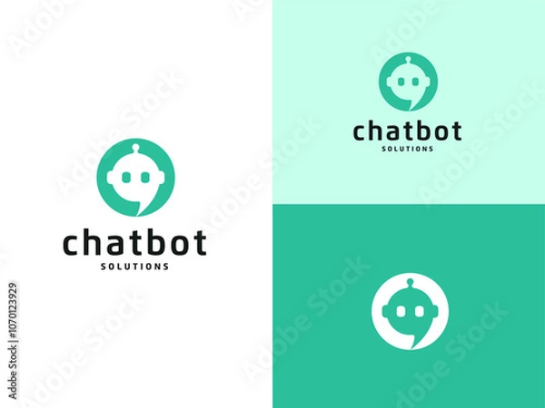 Fototapeta Chat bot with Robot head with speech bubble logo design