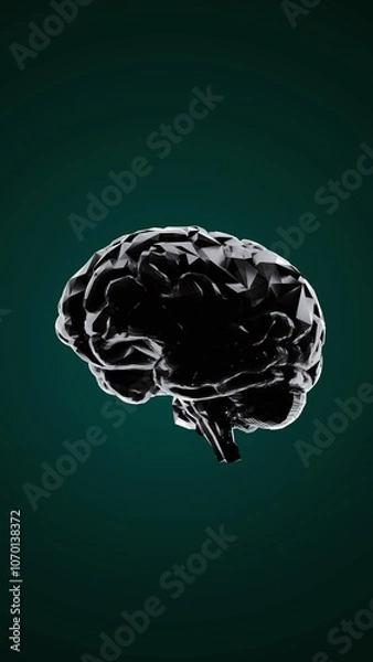 Fototapeta Digital brain with geometric facets on green background, representing artificial intelligence, neural networks, and futuristic cognition in 3D abstract visualization