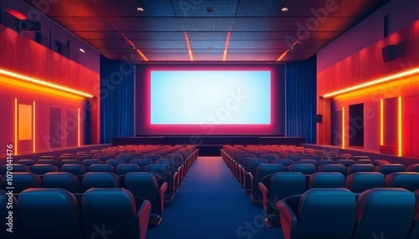 Fototapeta Empty theater with illuminated seats and bright screen during evening showtime