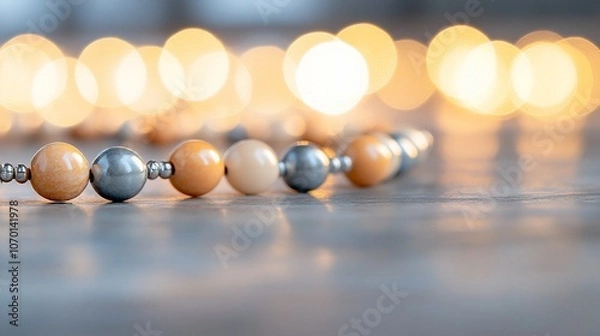 Fototapeta Close-up of a beaded necklace with a bokeh background.