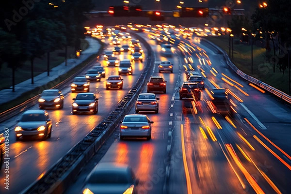 Fototapeta Evening rush hour traffic under illuminated streetlights