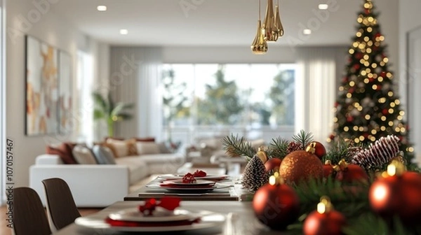 Fototapeta Modern Open Concept Living and Dining Area Decorated for Holidays