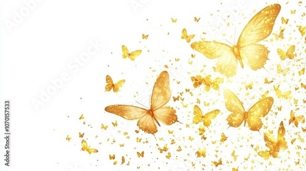 Obraz A group of golden butterflies flying on a white background.