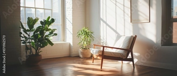 Fototapeta In a sunlit room, a minimalist wooden chair and thriving potted plants create a serene, inviting nook, blending modern elegance with nature's beauty.
