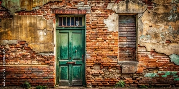 Fototapeta Weathered Brick Wall with Broken Door - Distressed Texture and Urban Charm for Photography and Design Projects