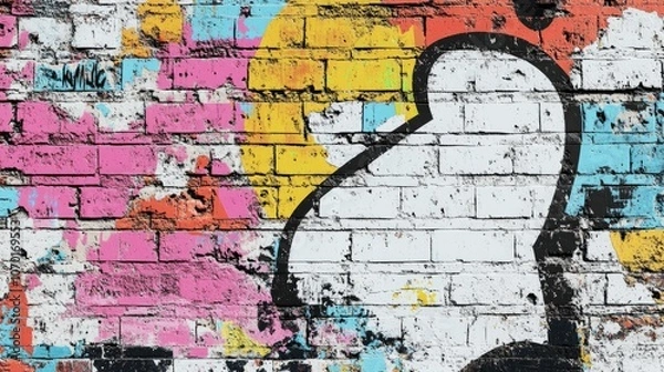 Fototapeta Encryption stencil print on a distressed white brick wall urban art decor