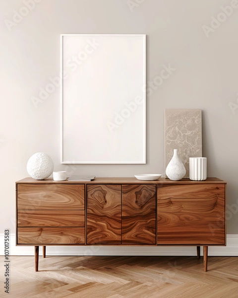 Fototapeta Scandinavian home interior design of modern living room. Rustic retro wooden sideboard and blank mock up frame on beige wall.