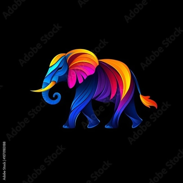 Fototapeta A colorful elephant in the style of vector illustration on a black background