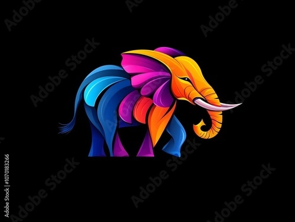 Fototapeta A colorful elephant in the style of vector illustration on a black background