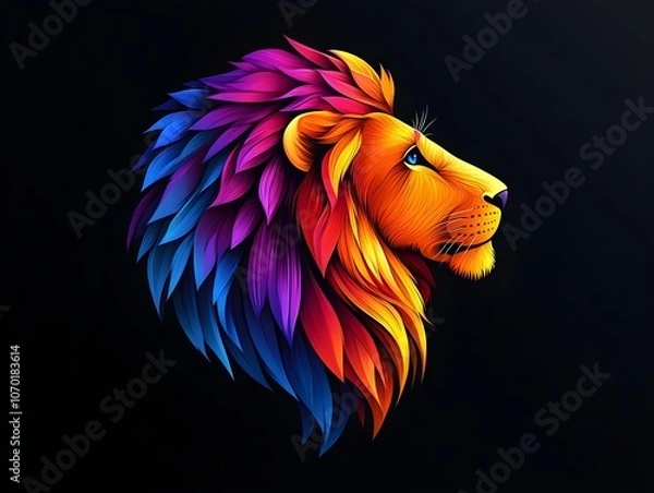 Fototapeta A colorful lion in the style of vector illustration on a black background