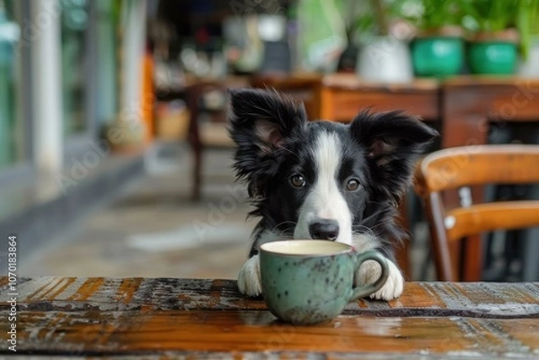 Fototapeta Adorable border collie puppy waiting patiently at an outdoor cafe table with a mug of coffee