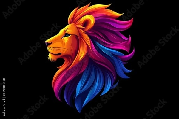 Fototapeta A colorful lion in the style of vector illustration on a black background