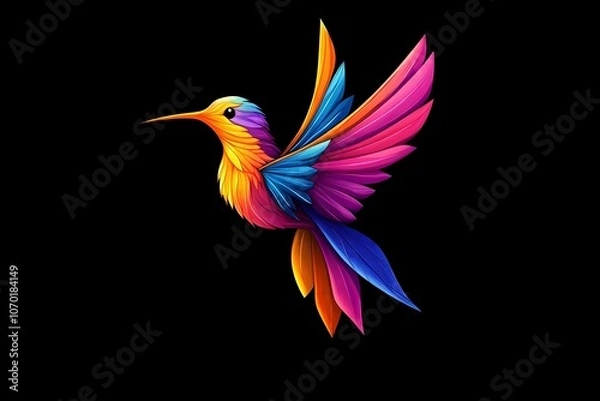 Fototapeta A colorful hummingbird in the style of vector illustration on a black background
