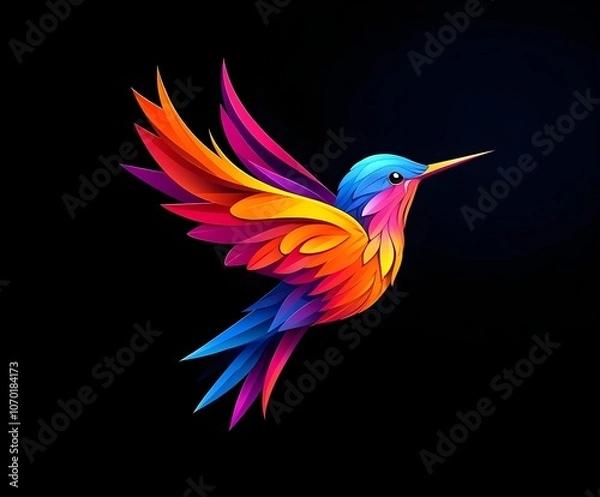 Fototapeta A colorful hummingbird in the style of vector illustration on a black background