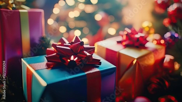 Fototapeta A festive blue gift box with a red ribbon sits in front of a blurred Christmas tree.