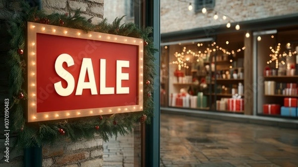 Fototapeta Window display of a shop with Christmas decorations, glowing "Sale" text on glass, warm lights inside showcasing gifts, Photorealistic