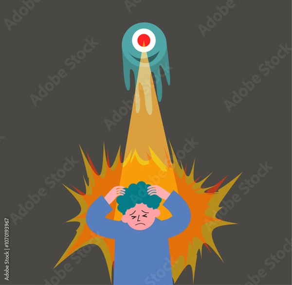 Obraz 地球外生命隊（エイリアン）からビームの攻撃を受ける若い男性のイラスト