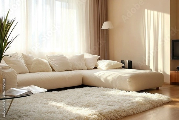 Fototapeta Modern apartment interior in light colors with soft furniture shapesgenerative ai