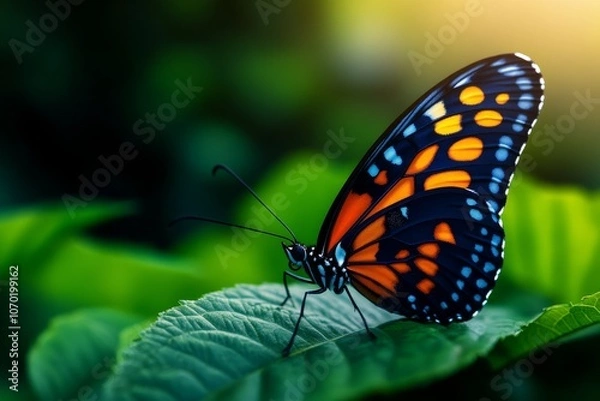 Fototapeta Colorful butterfly resting on green leaf serene nature close up
