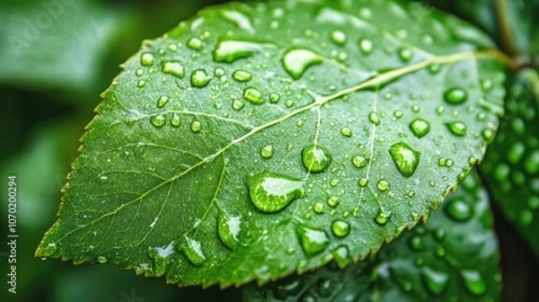 Obraz Close-up view of vibrant green leaf adorned with water drops, highlighting the natural beauty and freshness of nature. Ideal for showcasing leaf textures with ample photo space.