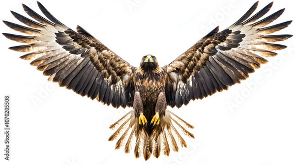 Obraz the golden eagle, a majestic bird of prey, spreads its wings in a powerful stance, showcasing its regal plumage and sharp talons, isolated on a pristine black background