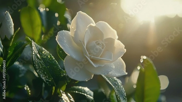 Obraz A single white gardenia flower with dew drops blooms in the morning sunlight.