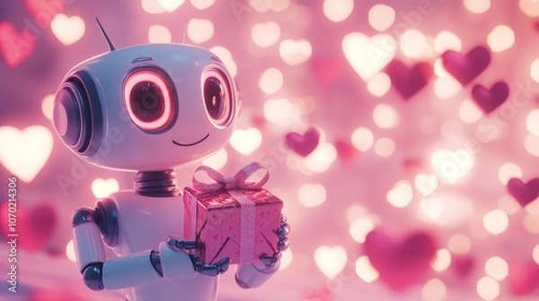 Fototapeta Cute robot holding a Valentines gift, surrounded by hearts and soft pink lighting, capturing a romantic holiday mood