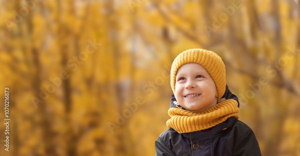 Fototapeta Child in autumn park. Portrait of a boy, horizontal autumn banner with free space