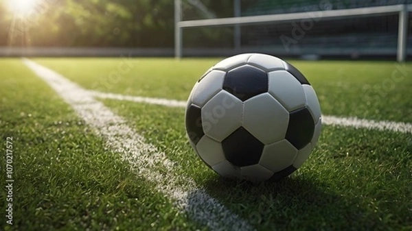 Fototapeta close-up photo of black and white soccer ball on field on sunny day. generative ai