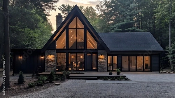 Obraz A modern house in the woods with black metal accents, large windows