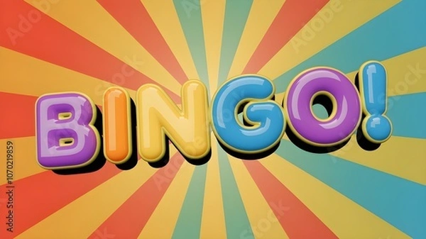 Obraz Bright, cheerful, 3D "Bingo!" lettering against a vibrant sunburst background. Perfect for game announcements, children's projects, or fun designs. AI generated.