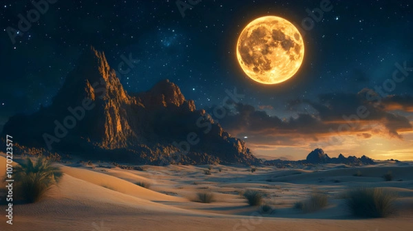 Fototapeta Desert Night with Full Moon and Mountain Illustration