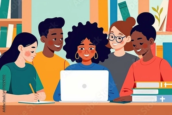 Fototapeta Happy Multiracial Students Collaborating on Laptop in Library Setting, Perfect for Diversity and Inclusion Initiatives