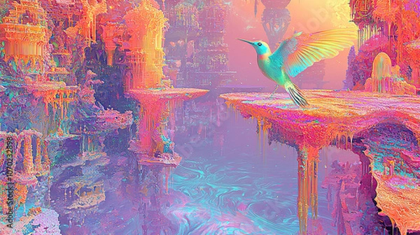 Obraz art,  water, design, fish, illustration, painting, pattern, sea, nature, color, flower, colorful, paint, in a dreamscape the surface reflects the early mor, untry, generative ai, landscape, arc