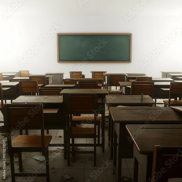 Fototapeta a classroom with a green chalkboard on the wall and a picture of a green board on the wall, a classroom with a chalkboard that says  the word  on it.
