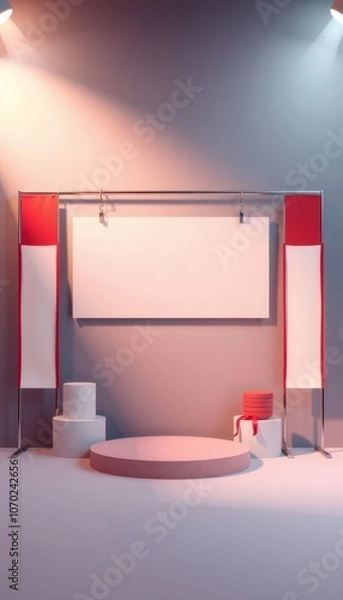 Fototapeta Minimalist product display with pink and white podiums, blank banners, and spotlights.