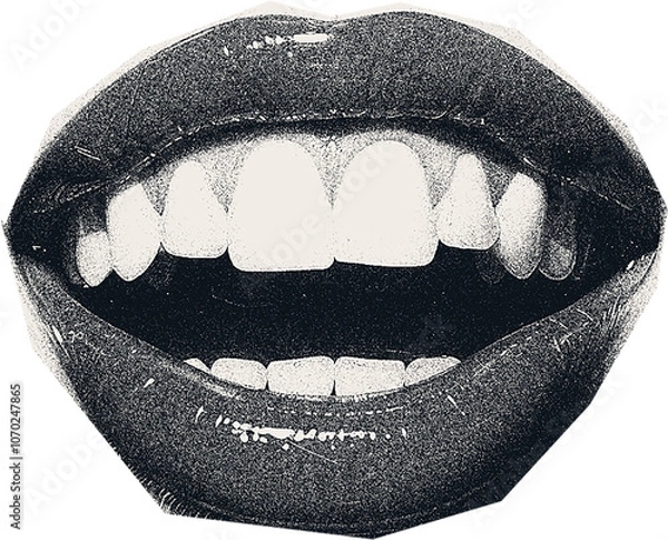 Fototapeta Magazine clipping, halftone photo of a woman's beautiful plump lips, open mouth, emotions.