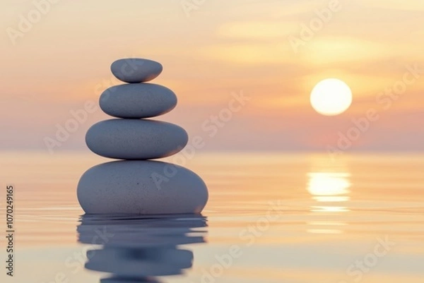 Fototapeta Stones standing on top of each other against the backdrop of a sunset on the seashore