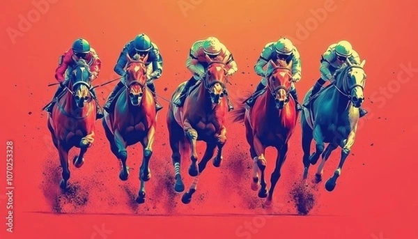 Obraz Thrilling horse race among five competitors on a vibrant colored background