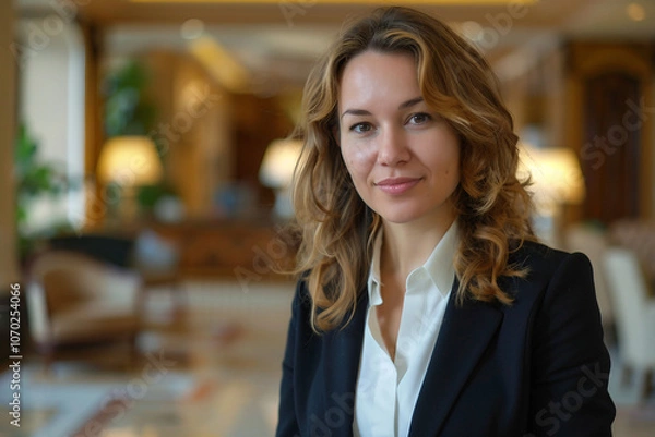 Fototapeta Generative AI Image of Smiling Female Receptionist at Hotel Lobby Desk