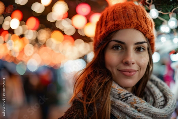 Fototapeta A Christmas market with a Christmas tree lighs in the background ai generative