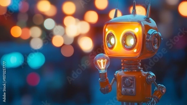 Obraz A Mini Robot with a Lightbulb Showcasing a Whimsical