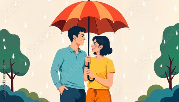 Obraz "Happy couple sharing umbrella in rain with trees in background"