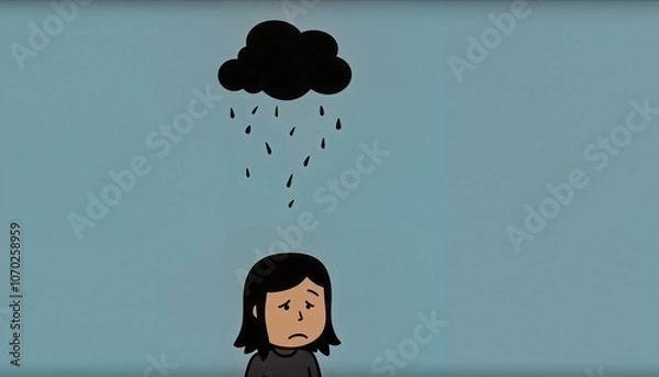 Obraz "Sad cartoon character with rain cloud overhead on blue background"