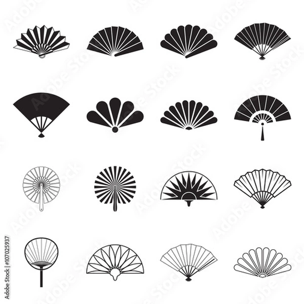 Fototapeta Hand fan icons. Collection of handheld icons isolated on a white background. Icons of folding and rigid fans. Vector illustration.