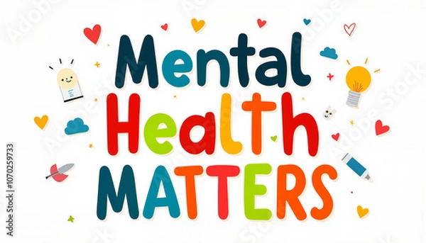 Fototapeta "Colorful ‘Mental health matters’ message with playful icons on white background"